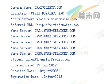 域名Craigslists.com的whois信息